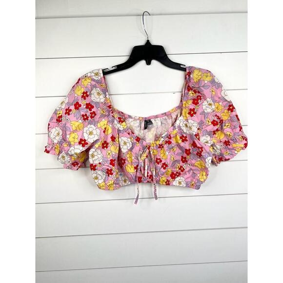 Vero Moda Pink Floral Print Puff Sleeve Tie Front Crop Blouse Size XL - Picture 2 of 10